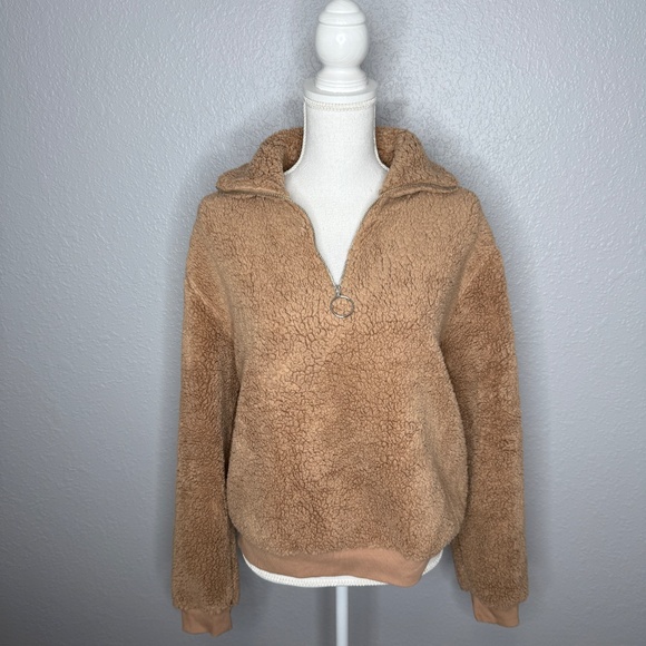 Topshop Tan Teddy Fleece Quarter Zip Up Pull Over Size 10 -cp - Picture 4 of 9